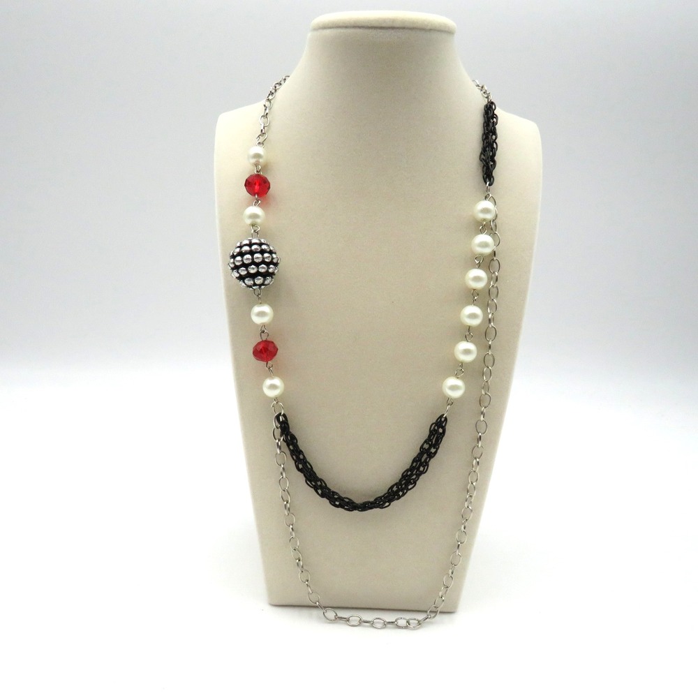 Statement Long Necklace Multi-Strand Faux Pearl Red Bead Womens Layered